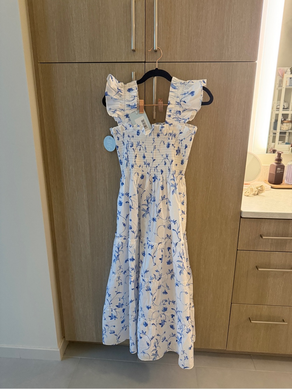 White Nap Dress with Blue Floral Print NWT